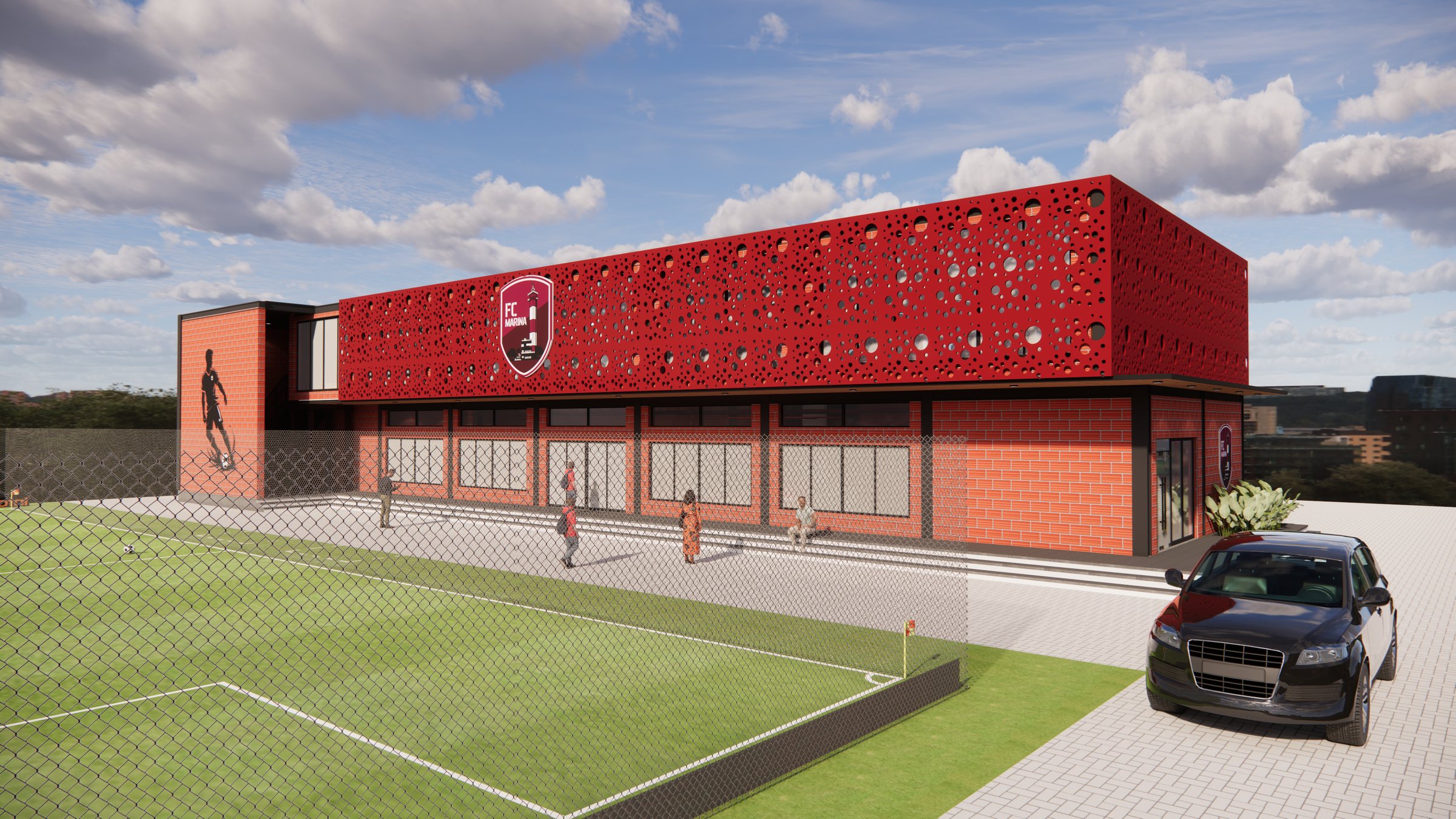 Architectural render — FC Marina clubhouse, perforated red facade over brick and glazing